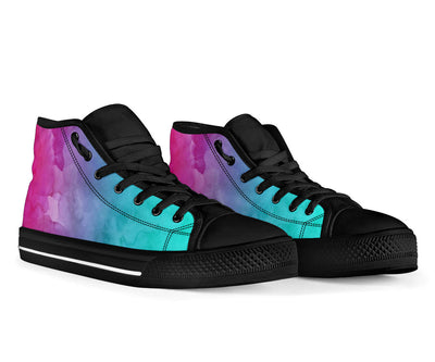 Pink Teal Water Colors Gradient High Top Sneakers Custom Shoes with Black Soles - Mr.SWAGBEAST