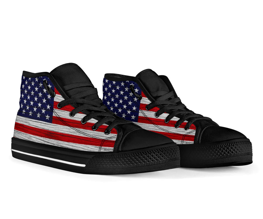 American Wooden Texture Flag High Top Sneakers Custom Shoes with Black Soles - Mr.SWAGBEAST