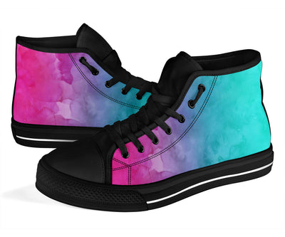 Pink Teal Water Colors Gradient High Top Sneakers Custom Shoes with Black Soles - Mr.SWAGBEAST