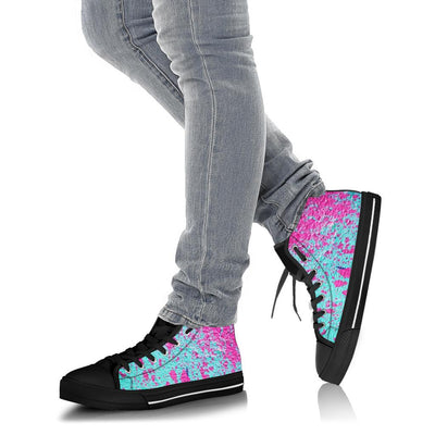 Teal with Pink Paint Spots High Top Sneakers Custom Shoes with Black Soles - Mr.SWAGBEAST