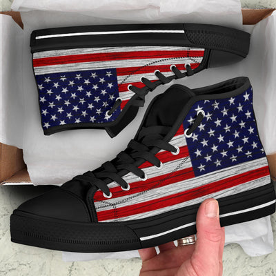 American Wooden Texture Flag High Top Sneakers Custom Shoes with Black Soles - Mr.SWAGBEAST