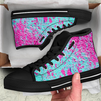 Teal with Pink Paint Spots High Top Sneakers Custom Shoes with Black Soles - Mr.SWAGBEAST