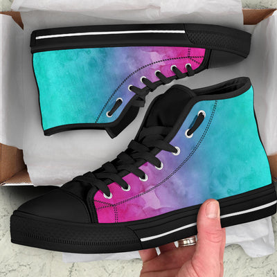 Pink Teal Water Colors Gradient High Top Sneakers Custom Shoes with Black Soles - Mr.SWAGBEAST